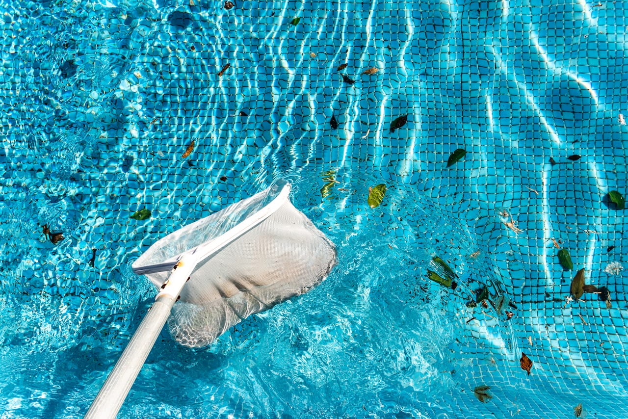 Maintenance man using a pool net leaf skimmer rake in summer to leave ready for bathing his pool.