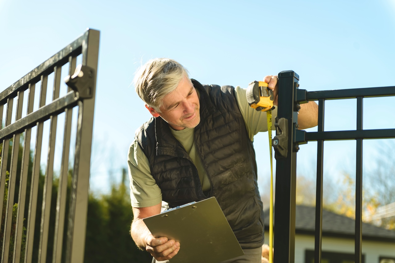 Safety fence inspection by a man with a tape measure