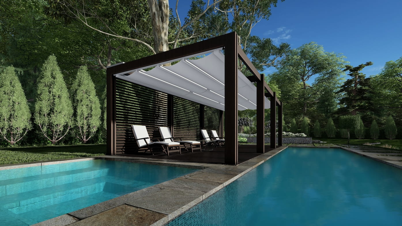 Backyard landscaping. The pool is large and the second is not deep and small. Pergola with sun loungers. Trees in the background. stone tiles on the ground. 3d rendering.